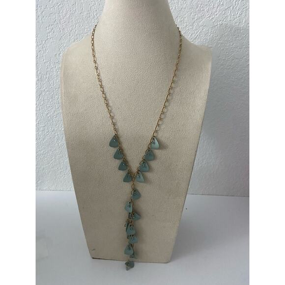 Vintage mint green y drop necklace, gold tone - Picture 1 of 5